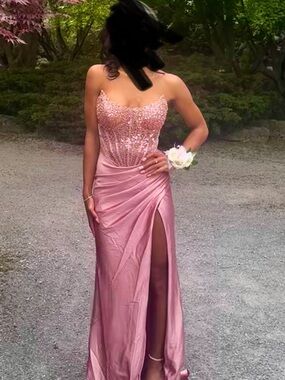 Strapless Beaded Blush Pink Prom Gown with High Slit